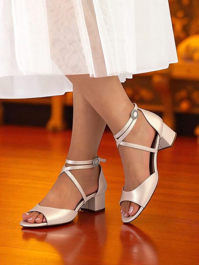 Ankle Strap Satin - with Block Heel Sandals Elegant Women's