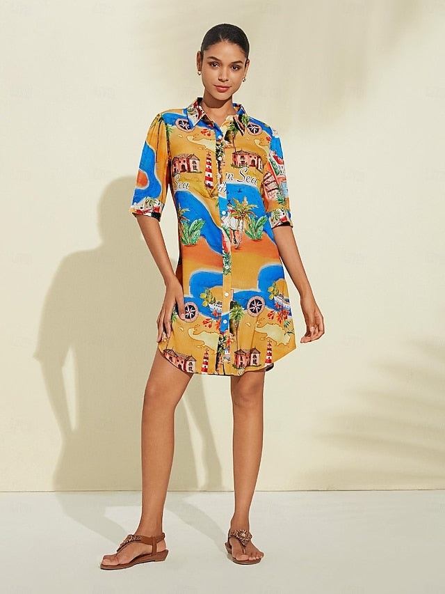 Satin Coastal Map Graphic Print Mini Dress