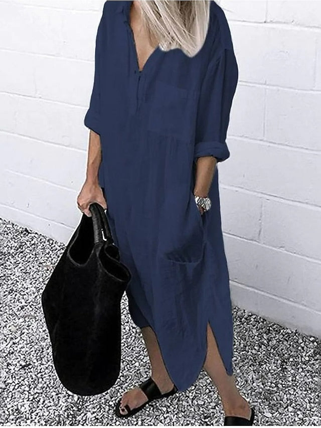 Women's Maxi long Dress Faux Cotton Linen Dresses White