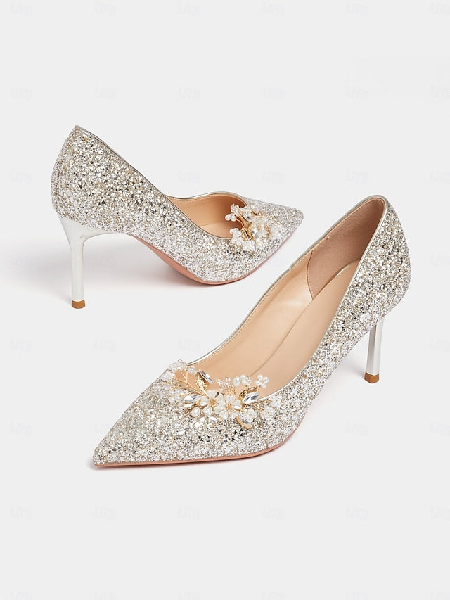 Heels Silver Glitter with Stiletto Floral Women's