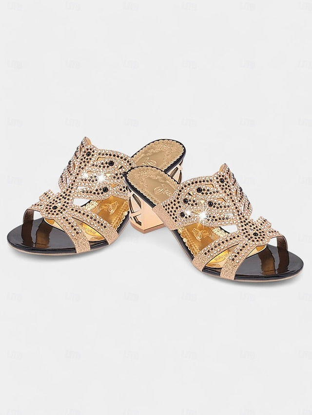 - Rhinestone and Heeled Embellished Sandals Gold Green