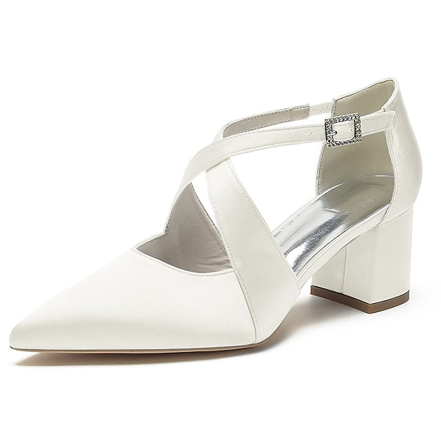 Heels Elegant Women's Pointed – White Toe Block Satin