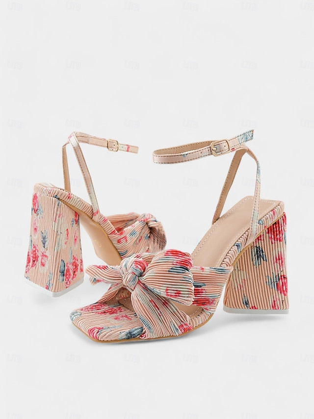 Knot Textured Detail Rose Sandals Block with and Gold Heel
