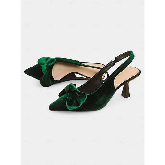 Toe with Pointed Velvet Slingback Heels Blue Women's Bow