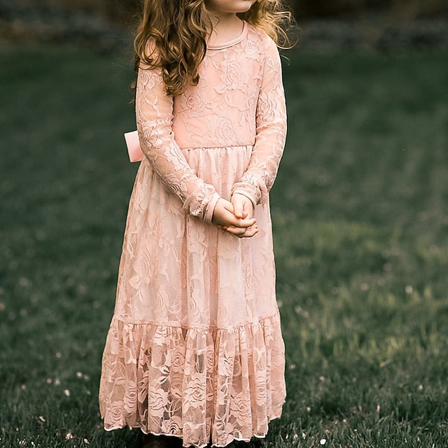 Flower Solid Girls' Long Kids Colored Girl Dress