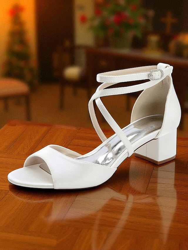 - Elegant Women's Satin Sandals Ankle Strap Heel Block with