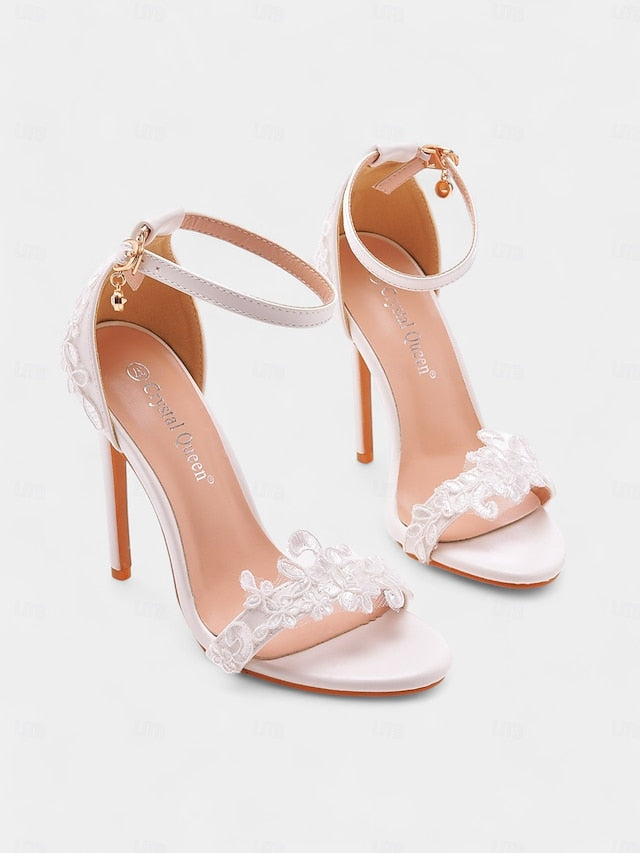Women's White Wedding with Lace Ankle Heels Stiletto Strap