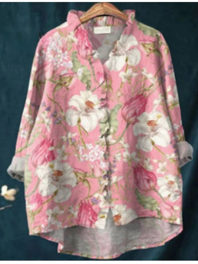 Women's Shirt Button Down Blouse Floral Stylish Casual Long