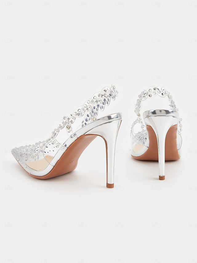 Toe with Heels Slingback Women's Pointed Rhinestone Clear