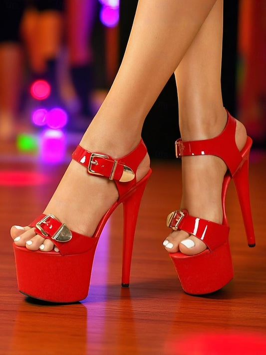 High Women's Patent Heels Buckle Platform with White Gold