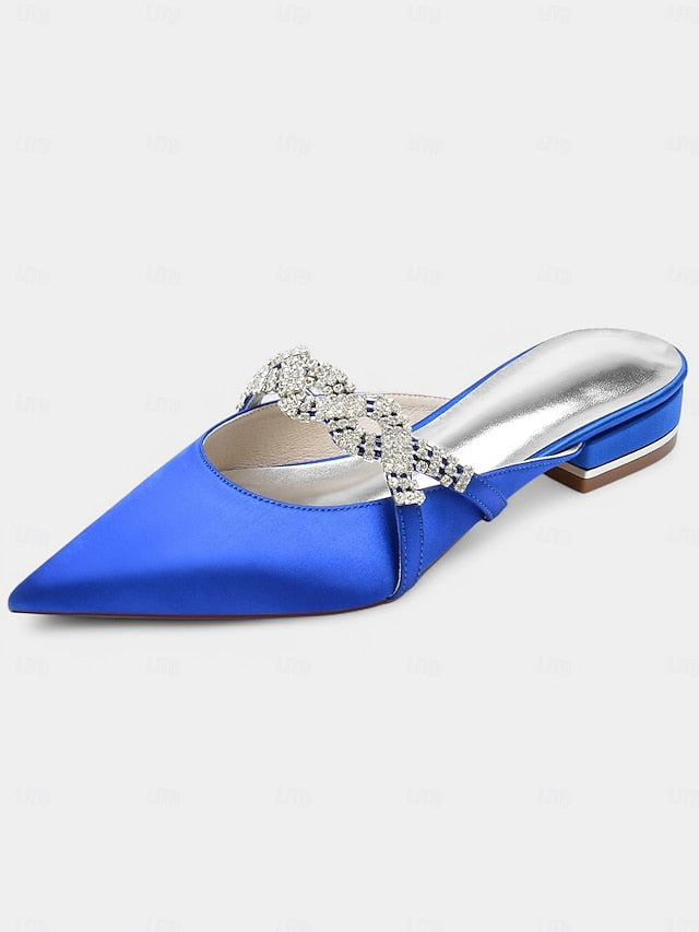 Heels Pointed-Toe Mule - Blue with Satin Detailing Rhinestone