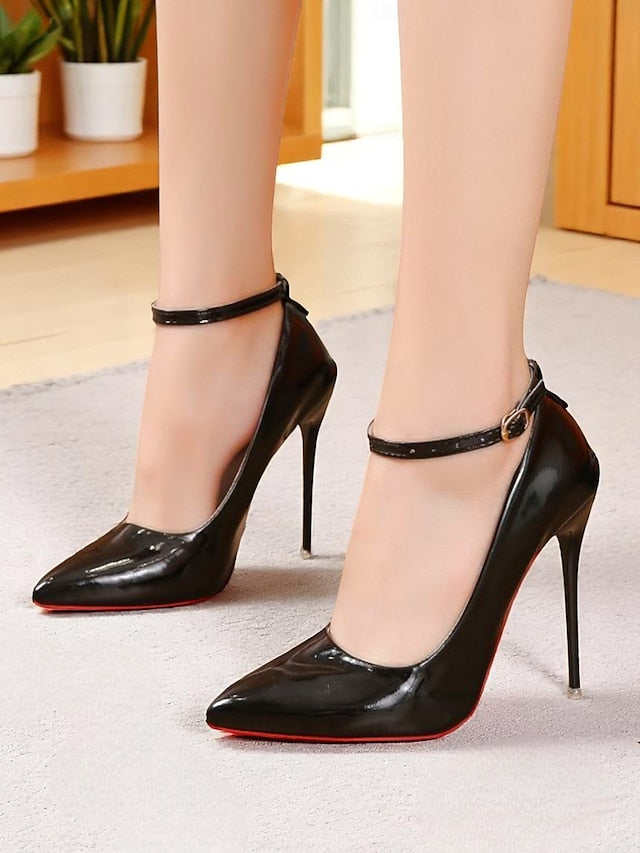 Stiletto Leather Black Women's Ankle with Patent Heels