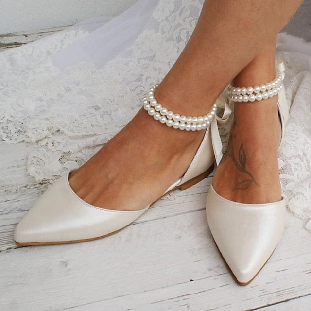 Flats Women's Ankle Elegant White – Pearl Strap Bridal