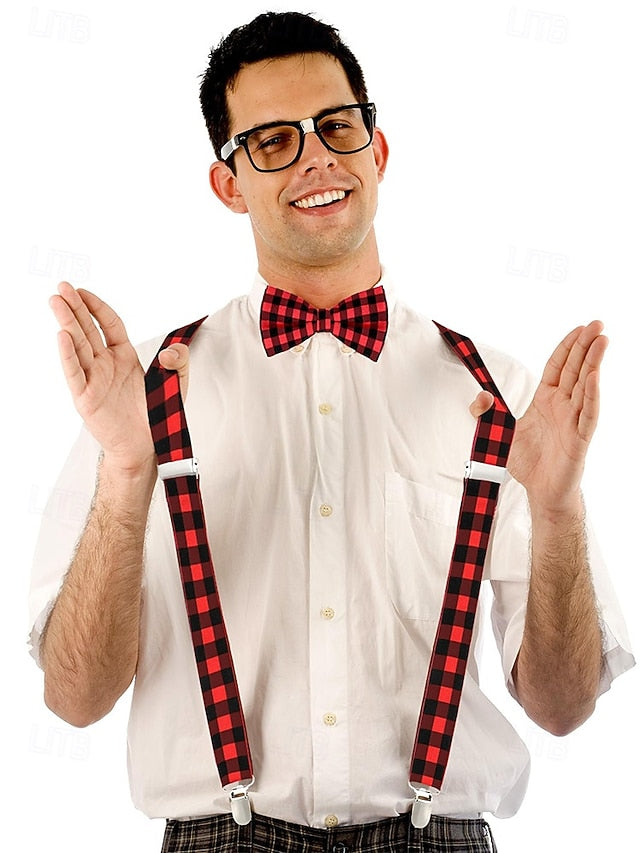 Adjustable Plaid Christmas Bow Set and Suspender Men's Tie