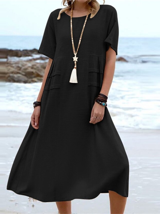 Women's Blue Black Pink Summer Spring Midi Dress Faux