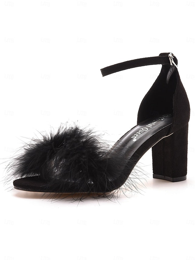 Women Sandals Heel for Wedding Feather-Embellished Block –