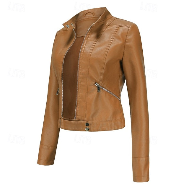 Jacket Zipper Pocket Leather Comfortable Faux Women's