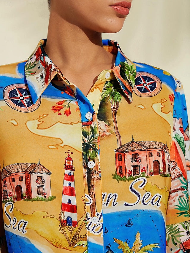 Satin Coastal Map Graphic Print Mini Dress