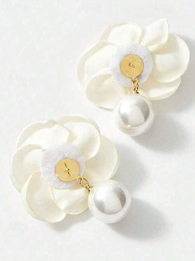 Earrings Elegant Drop with Pearl Stud Faux Women's Flower