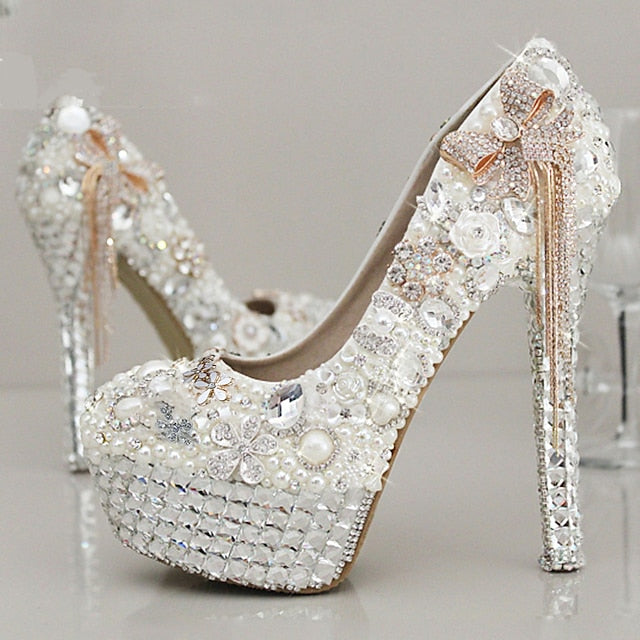 Women's Pearl and Rhinestone Platform White Embellished