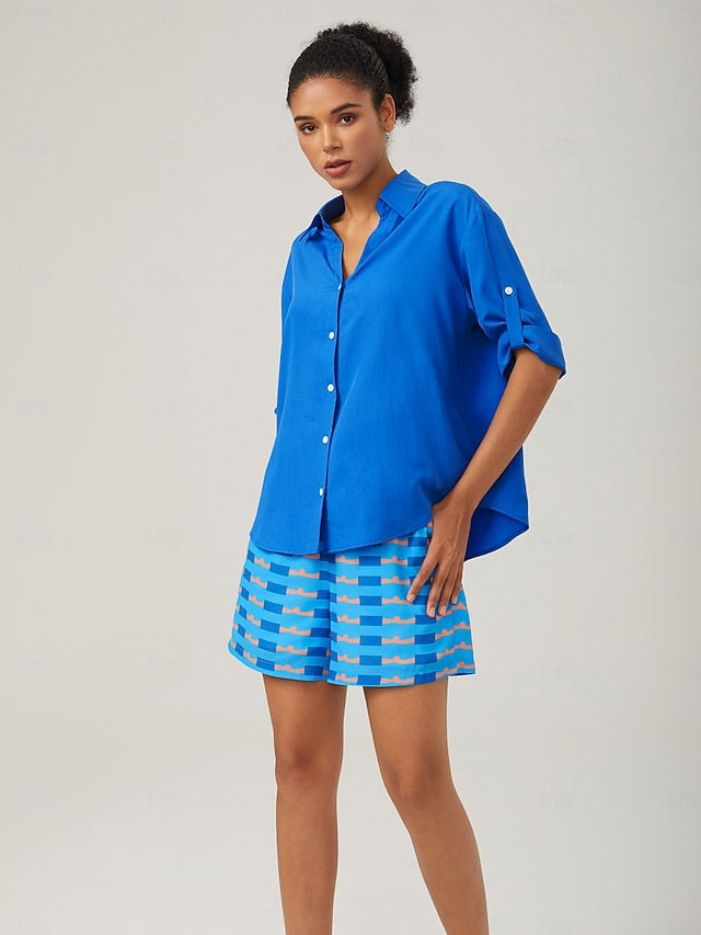 Vacation-Style Blue Geometric Print Shorts