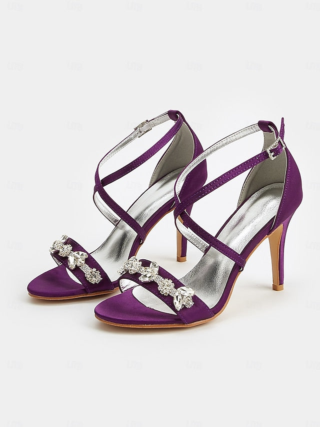 Straps Heels Women's with Purple Stiletto Satin Rhinestone