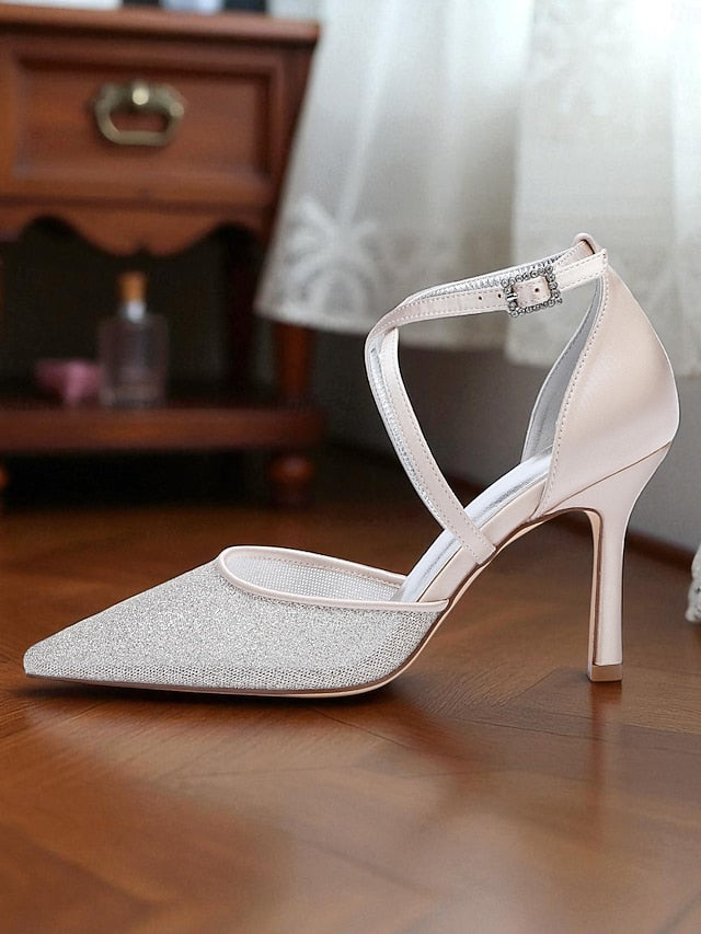 Elegant Strap - Silver Ankle Heels Glitter Stiletto Women's