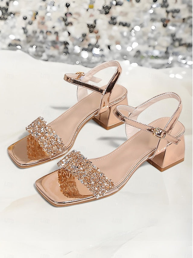 – for Sandals Wedding Rhinestone Heel Elegant Women Block Gold
