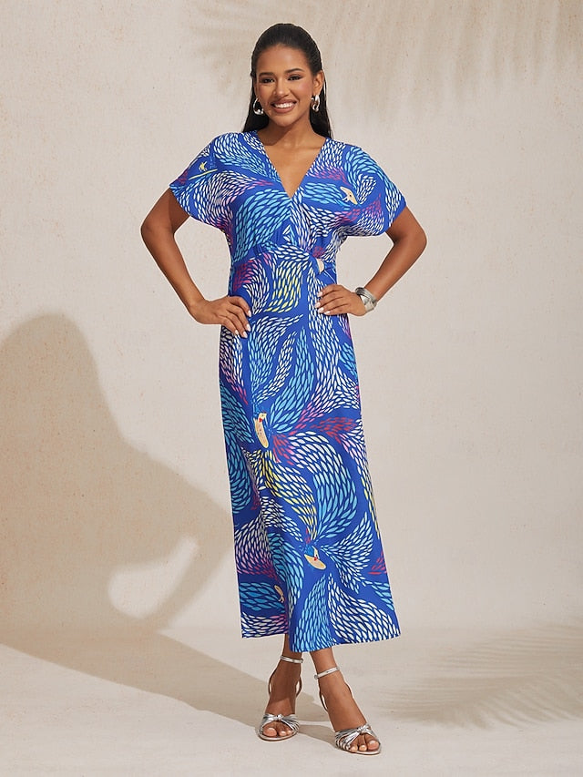 Satin Abstract Block Print Maxi Dress Vacation Party