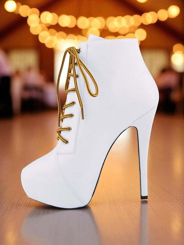 Beige Faux Lace-Up Women's Leather - Platform Boots Ankle