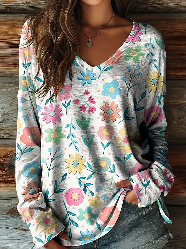 Women's T shirt Long Sleeve Floral Graphic Plants Vintage