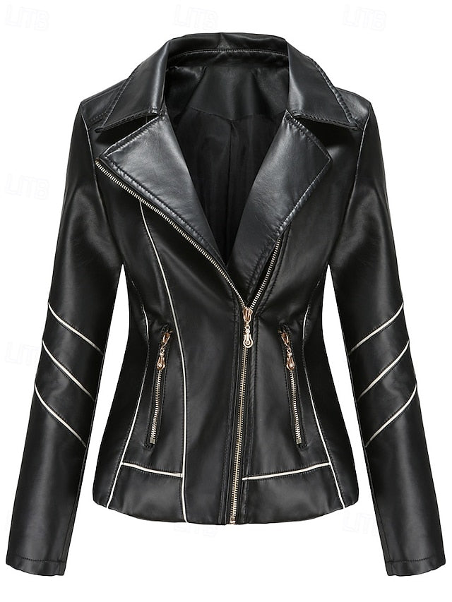 Comfortable Pocket Leather Zipper Women's Jacket Faux