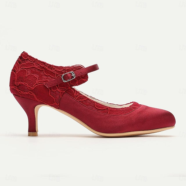 Women's Heels Lace Comfortable Mid-Heel - Satin Elegant Red