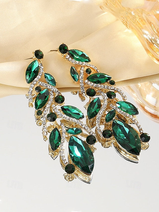 Gold Crystal Earrings Leaf Design Elegant - Women's