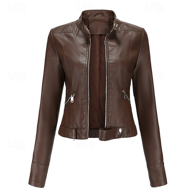 Jacket Zipper Pocket Leather Comfortable Faux Women's
