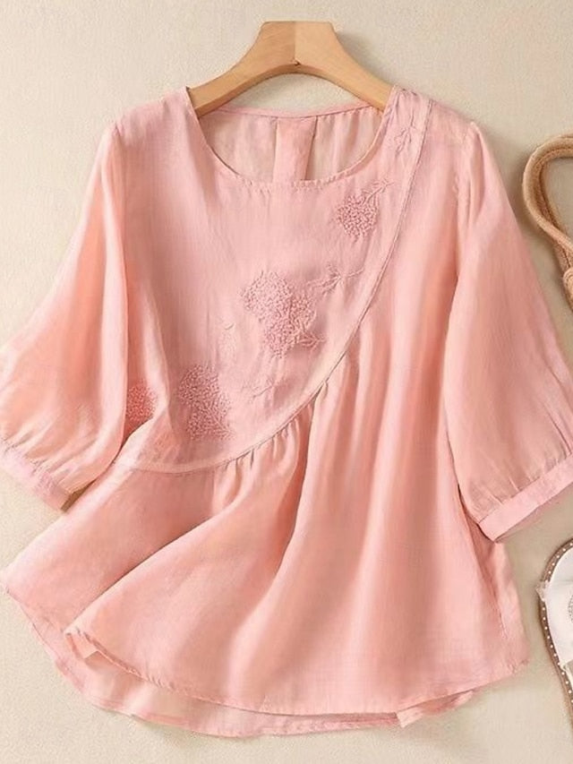Women's Shirt Cotton Linen Shirts Blouse Solid Color Basic