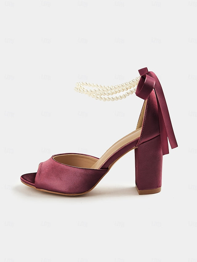 Heel Satin Block with Sandals Peep-Toe Pearl Women's Ankle