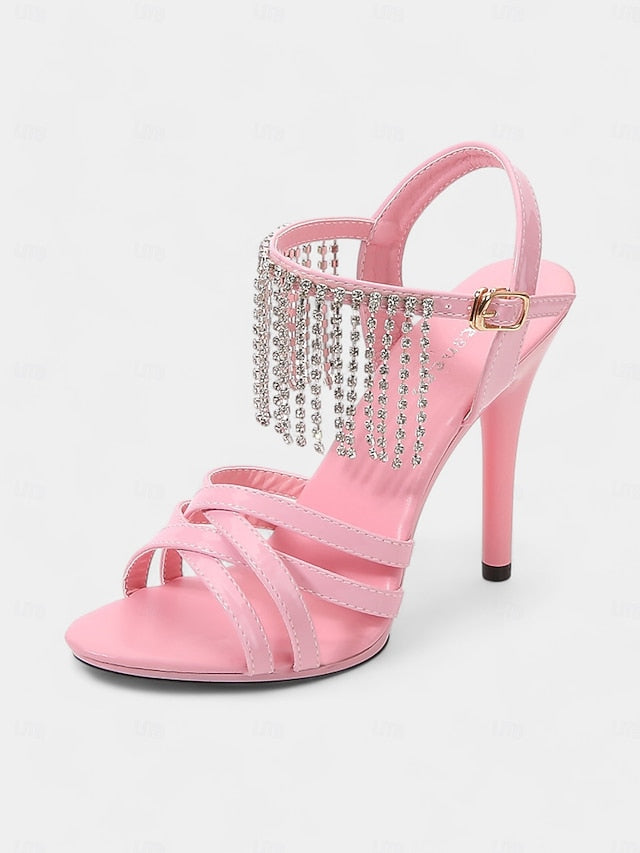 Stiletto Women's with Leather Patent Rhinestone Red Sandals