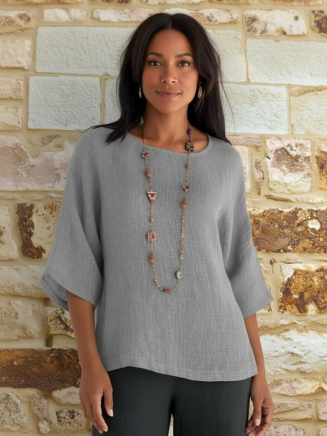 Women's Blouse Cotton Shirt Plain Vintage Stylish 3/4