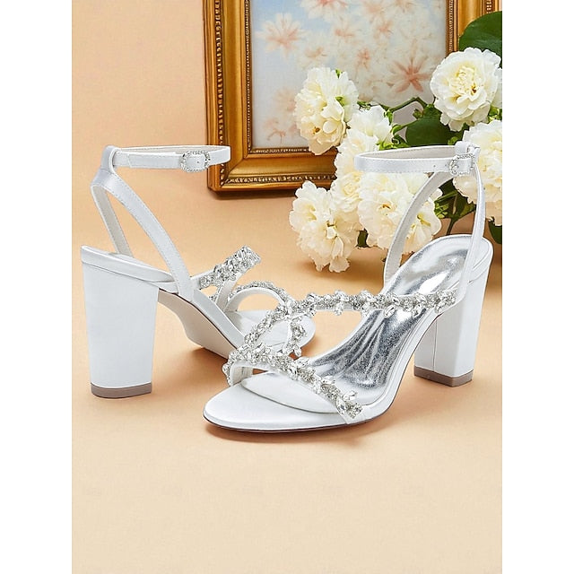 - Heel White Women's Block Rhinestone Straps with Sandals
