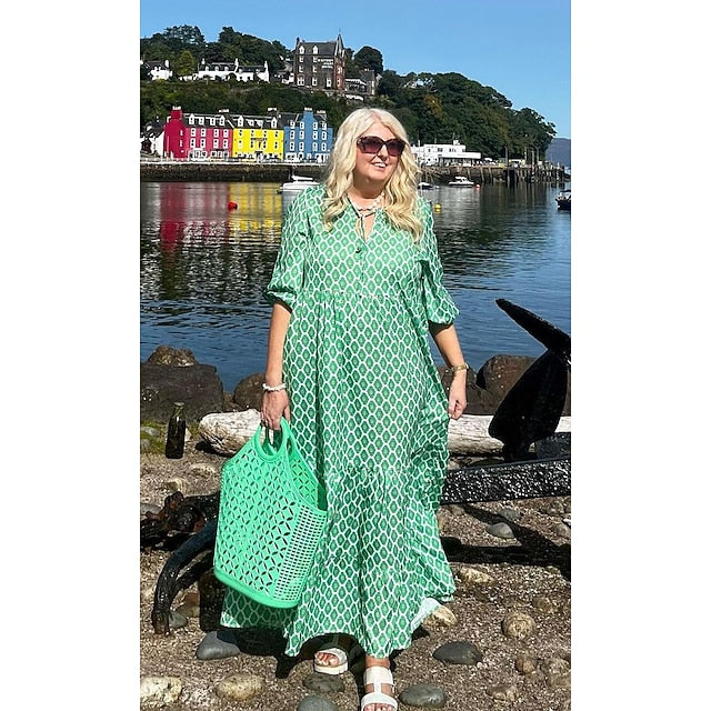 Women's Long Dress Boho Chic Dress Green 3/4 Length Sleeve