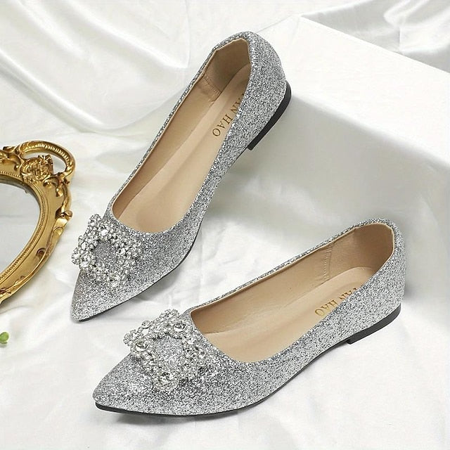 with Rhinestone Embellished Flats Women's Glitter Silver