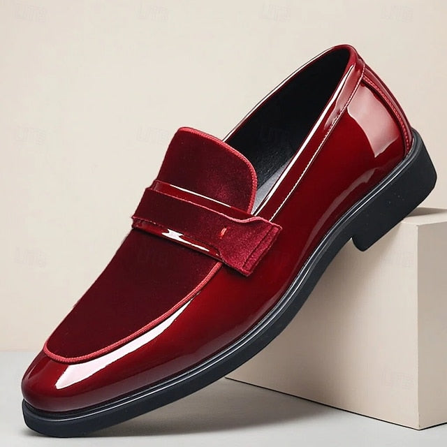 – Velvet Design Faux Sleek Leather with Red Men's Loafers