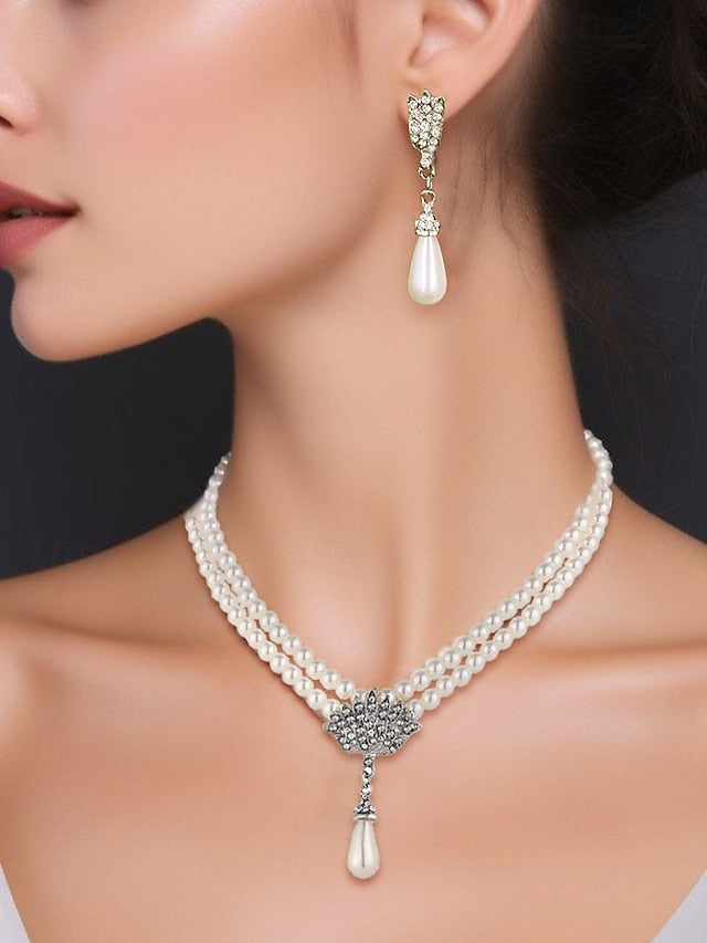 Bridal Jewelry Elegant Necklace Pearl Double-Layer – Set