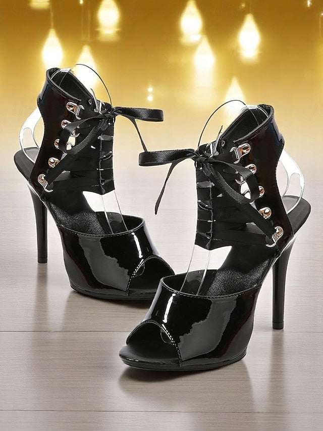 Women's Black - Sandals Cutout Lace-Up Stiletto Sexy Patent