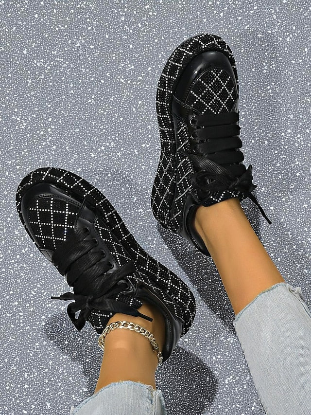 Quilted and Women's Rhinestone Silver Sneakers - Black