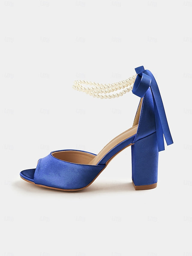 Heel Satin Block with Sandals Peep-Toe Pearl Women's Ankle