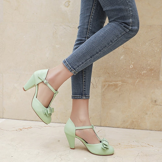 Heels Chunky Green with Mint – 1950s Vintage Bow T-Strap Retro