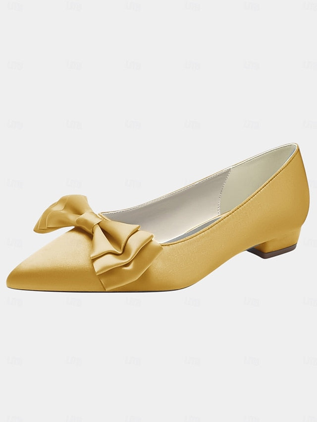 Green Bow Elegant Pointed Toe - Satin Flats Women's