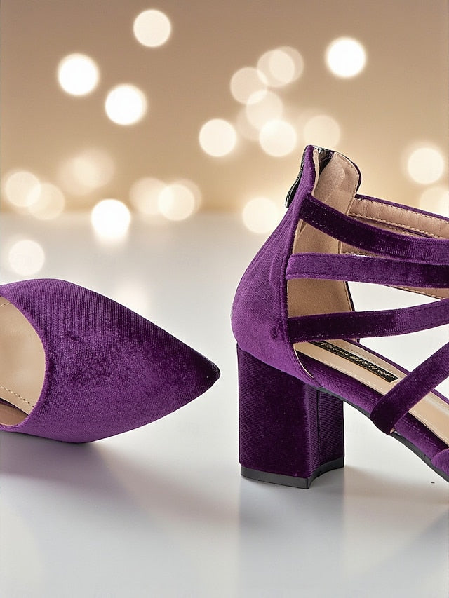 Velvet Block Pumps with Blue Heel Pointed Women's Toe